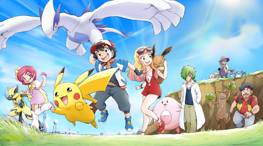 3boys 3girls :d arm_hair ash_ketchum ayo_(ayosanri009) bangs baseball_cap black_hair blonde_hair blue_footwear callahan_(pokemon) chansey clouds commentary_request day dress eevee from_below garter_straps gen_1_pokemon gen_2_pokemon gen_7_pokemon grass green_hair grey_pants harriet_(pokemon) hat highres jacket labcoat legendary_pokemon long_hair lugia margo_(pokemon) marill multiple_boys multiple_girls mythical_pokemon old old_woman open_mouth outdoors pants pikachu pokemon pokemon_(anime) pokemon_(creature) pokemon_m21 red_footwear risa_(pokemon) shirt shoes short_hair short_sleeves sky smile smoochum standing starter_pokemon sudowoodo sunglasses togepi tongue toren_(pokemon) totodile upper_teeth zeraora