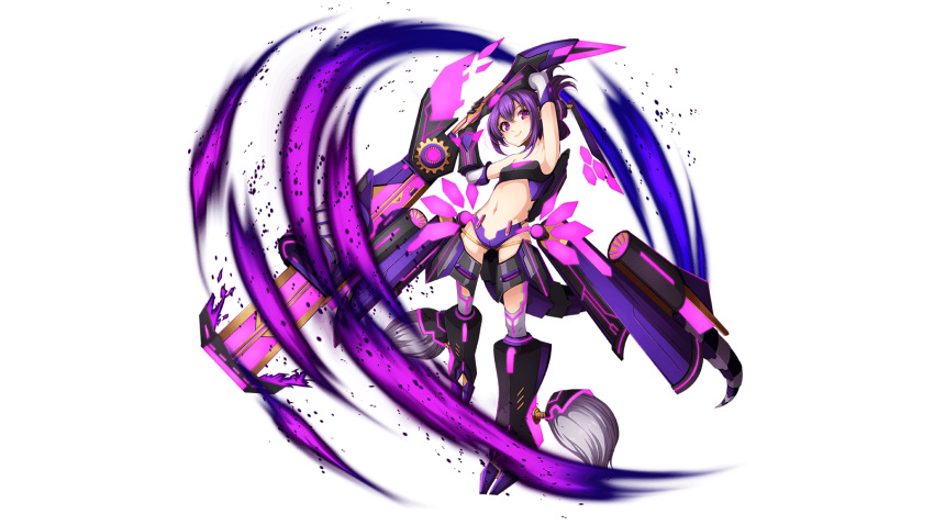 1girl armpits arms_up bangs black_bandeau black_gloves breasts closed_mouth detached_sleeves full_body game_cg gloves grey_legwear hair_between_eyes head_tilt highres holding holding_sword holding_weapon long_sleeves looking_at_viewer midriff navel official_art panties purple_hair purple_panties shiny shiny_hair short_hair small_breasts smile solo sora_no_kanata_no_dystopia_x_shitei stomach strapless sword thigh-highs transparent_background underwear violet_eyes weapon white_sleeves yashino_mai