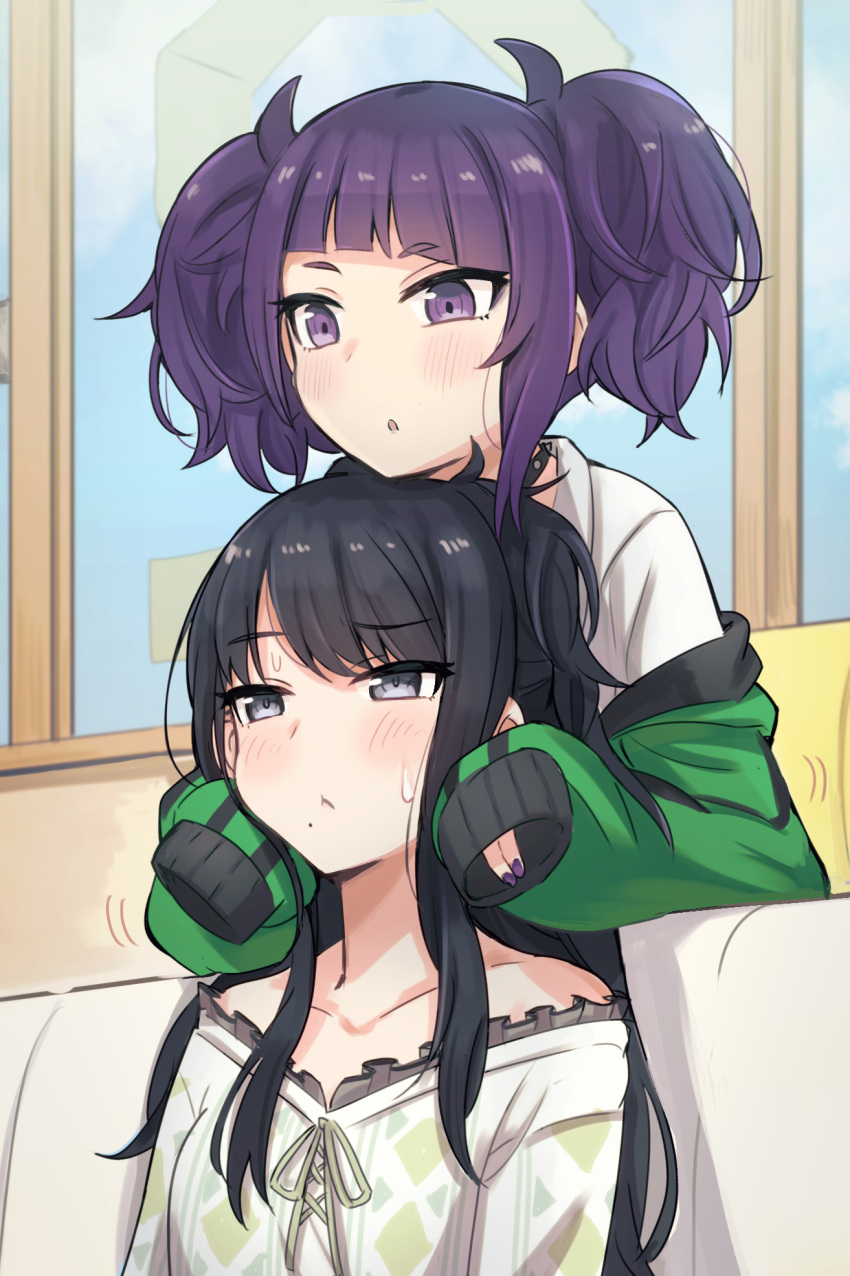 2girls :o :t asymmetrical_bangs bangs bare_shoulders black_hair blunt_bangs blush choker collarbone couch diagonal_bangs gougoku hands_on_another's_cheeks hands_on_another's_face highres idolmaster idolmaster_shiny_colors indoors kazano_hiori leaning_on_person long_hair looking_at_another looking_away mole mole_under_mouth multiple_girls nail_polish off_shoulder office prank purple_hair sitting sleeves_past_fingers sleeves_past_wrists spiked_choker spikes sweatdrop tanaka_mamimi twintails window