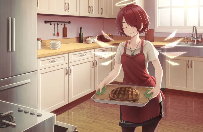 1girl anidante apple_pie arknights bangs black_skirt breasts closed_eyes commentary cowboy_shot exusiai_(arknights) food hair_over_one_eye halo highres holding holding_tray indoors kitchen pantyhose pie redhead shirt short_hair short_sleeves skirt small_breasts solo standing tray white_shirt wings