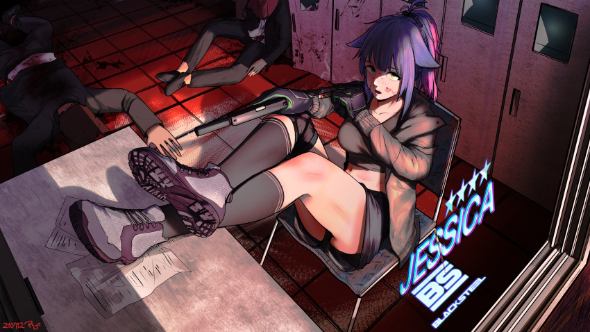 1girl 2boys absurdres animal_ears arknights black_footwear black_legwear black_shorts blood blood_on_face blue_hair blush breasts cat_ears cat_tail character_name collarbone commentary dated eyebrows_visible_through_hair feet_on_table full_body green_eyes grey_jacket grey_shirt gun handgun highres holding holding_gun holding_weapon hood hooded_jacket huge_filesize indoors jacket jessica_(arknights) kneehighs looking_at_viewer medium_breasts medium_hair multicolored_hair multiple_boys open_clothes open_jacket open_mouth pink_hair pistol ponytail radish_p shirt shoe_soles shoes short_shorts shorts smoke sneakers socks solo streaked_hair suppressor tail thighs two-tone_hair weapon