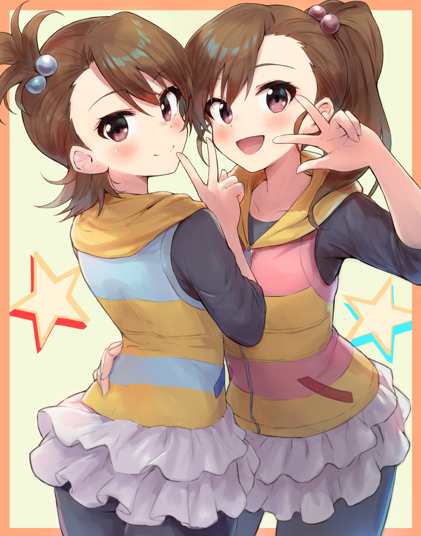 2girls absurdres asymmetrical_bangs bangs bike_shorts black_shirt blush border collarbone cowboy_shot frilled_skirt frills futami_ami futami_mami hair_bobbles hair_ornament hand_on_another's_hip highres hood hooded_vest hoodie idolmaster idolmaster_(classic) idolmaster_million_live! looking_at_viewer multiple_girls nape one_side_up orange_border shirt shorts shorts_under_skirt shuucream_(syuichi) siblings side_ponytail simple_background sisters skirt smile star_(symbol) twins v vest w white_skirt zipper