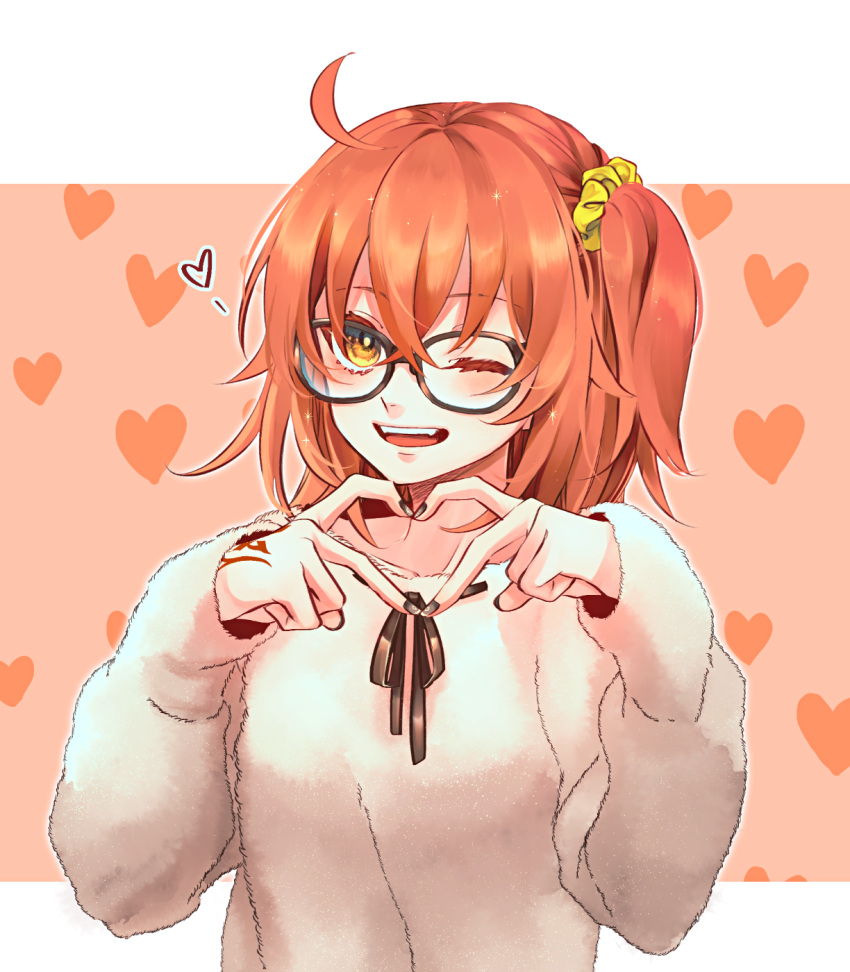 1girl ahoge bangs black_nails fate/grand_order fate_(series) fujimaru_ritsuka_(female) glasses hair_ornament hair_scrunchie heart heart_background heart_hands highres long_sleeves looking_at_viewer nail_polish one_eye_closed one_side_up open_mouth orange_eyes orange_hair redrabbit44 scrunchie solo sweater white_sweater yellow_scrunchie