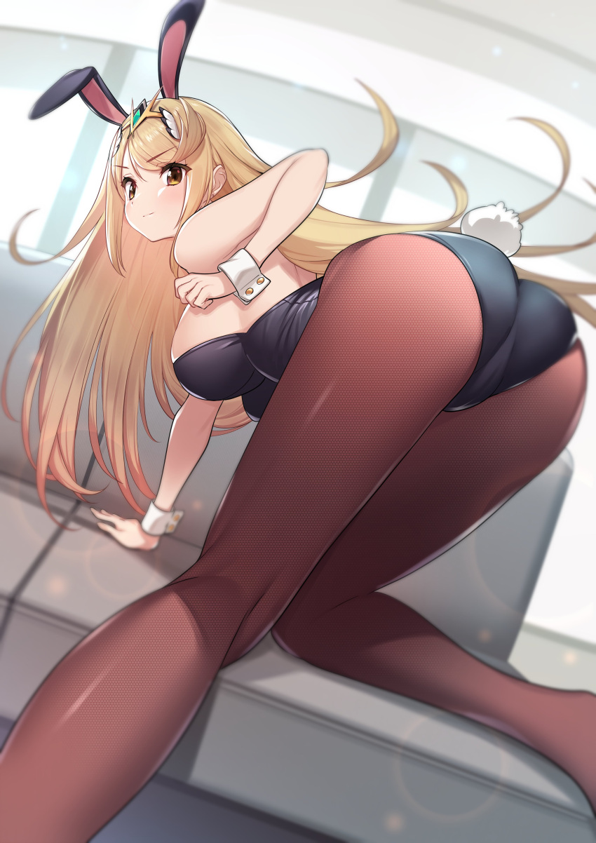 1girl absurdres all_fours alternate_costume animal_ears ass bangs black_leotard blonde_hair blush breasts brown_legwear bunny_tail closed_mouth couch eyebrows_visible_through_hair from_behind green322 highres large_breasts leotard long_hair mythra_(xenoblade) pantyhose playboy_bunny rabbit_ears solo tail tiara wrist_cuffs xenoblade_chronicles_(series) xenoblade_chronicles_2 yellow_eyes