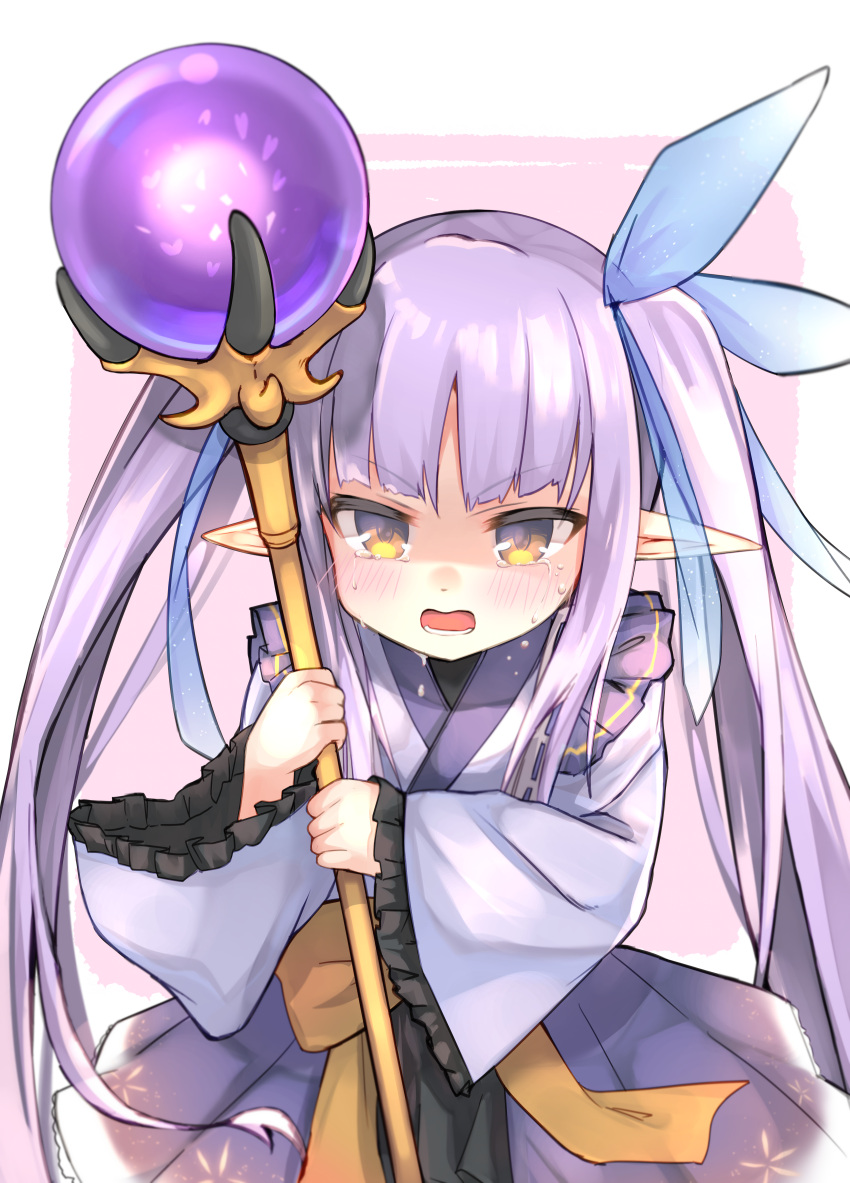 1girl absurdres blush border commentary_request furrowed_brow highres holding holding_staff kyouka_(princess_connect!) long_hair long_sleeves looking_at_viewer mage_staff pink_background pointy_ears princess_connect! purple_hair purple_robe ribbon senifu solo staff twintails white_border wide_sleeves yellow_eyes yellow_ribbon