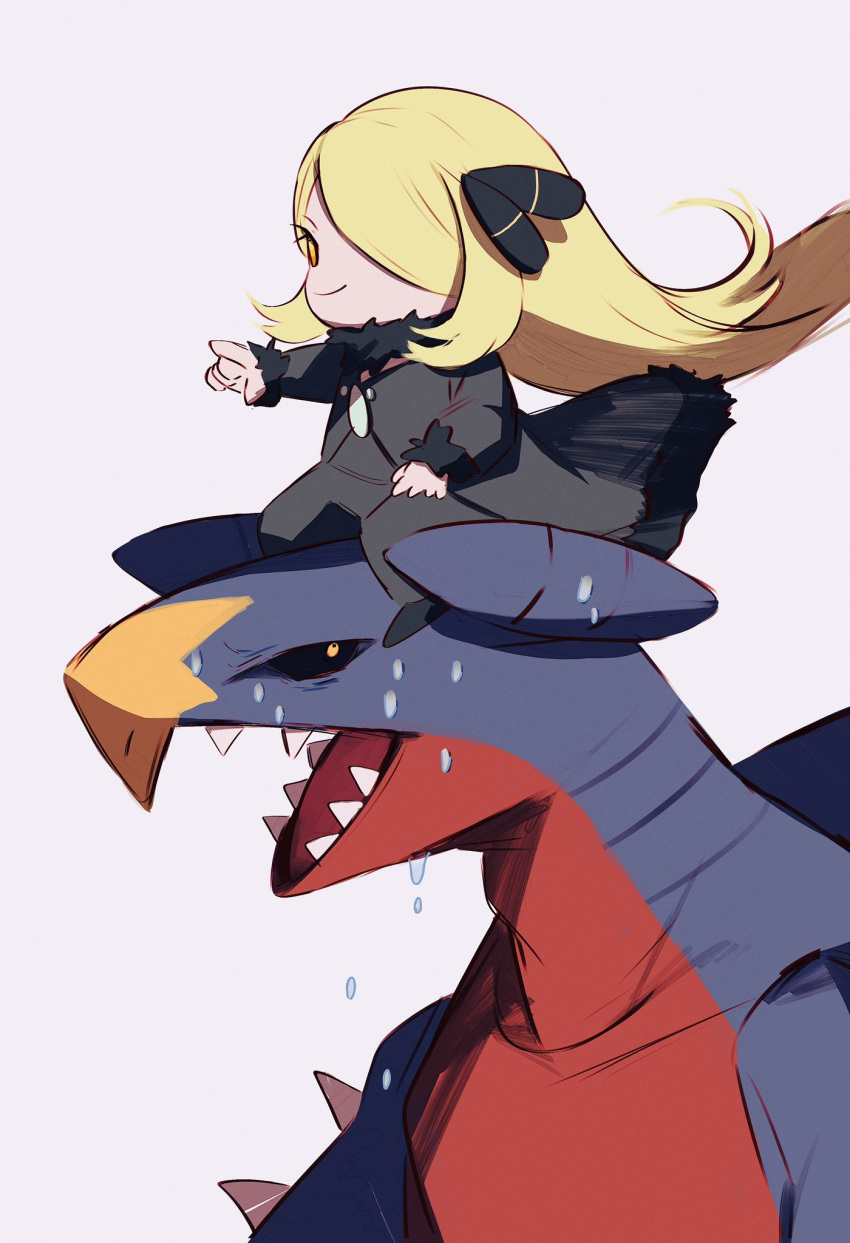 1girl alternate_eye_color black_coat black_footwear black_pants black_shirt blonde_hair closed_mouth coat commentary_request cynthia_(pokemon) eyelashes floating_hair fur-trimmed_coat fur_trim garchomp gen_4_pokemon hair_ornament hair_over_one_eye hamachamu highres long_hair long_sleeves minigirl on_head pants pointing pokemon pokemon_(creature) pokemon_(game) pokemon_bdsp riding riding_pokemon shirt shoes sitting smile spread_legs sweat white_background yellow_eyes