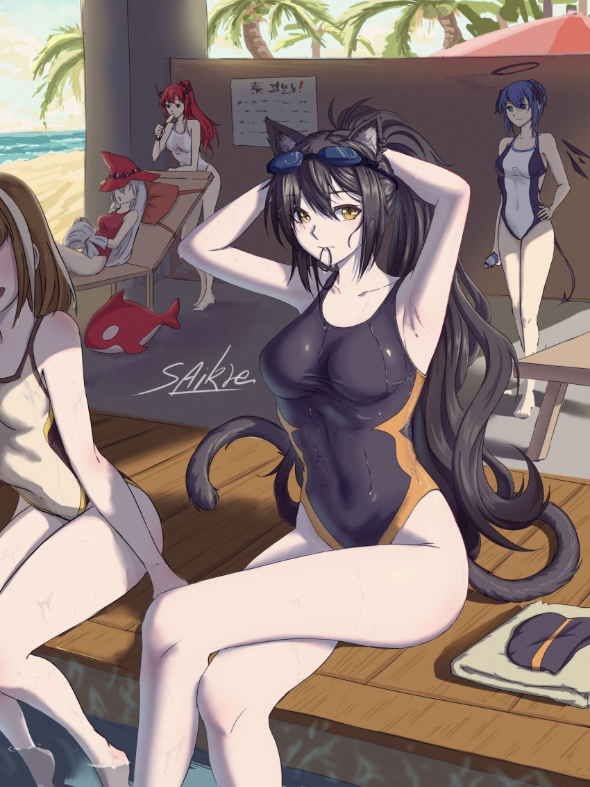 5girls alternate_hair_color animal_ears arknights armpits arms_up artist_name bangs bare_arms bare_shoulders black_hair black_swimsuit blue_hair blue_sky breasts cat_ears cat_tail commentary_request day goggles goggles_on_head hair_between_eyes hair_tie hair_tie_in_mouth halo hand_on_hip highres horns inflatable_orca inflatable_toy large_breasts long_hair looking_at_viewer magallan_(arknights) mostima_(arknights) mouth_hold multicolored_hair multiple_girls one-piece_swimsuit palm_tree red_headwear red_swimsuit saikre schwarz_(arknights) signature silver_hair sitting skadi_(arknights) sky smile soaking_feet streaked_hair surtr_(arknights) swimsuit tail thighs tree very_long_hair white_hair white_swimsuit yellow_eyes