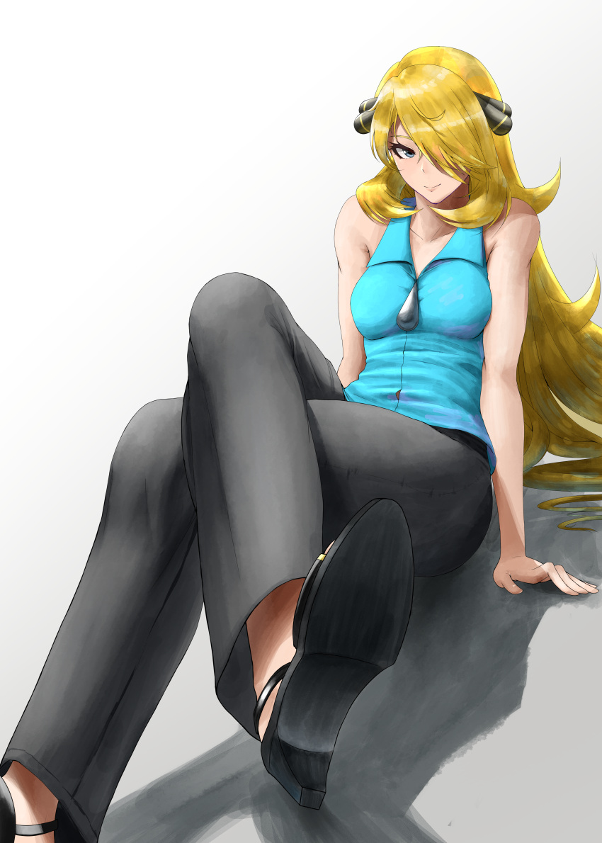 1girl absurdres bangs bare_arms black_pants blonde_hair blouse blue_blouse blue_shirt breasts closed_mouth collarbone collared_blouse collared_shirt crossed_legs cynthia_(pokemon) grey_background grey_eyes hair_ornament hair_over_one_eye hair_over_shoulder hiby high_heels highres huge_filesize long_hair looking_at_viewer on_floor pants pokemon pokemon_(game) pokemon_dppt shadow shirt simple_background sitting sleeveless smile soles solo very_long_hair