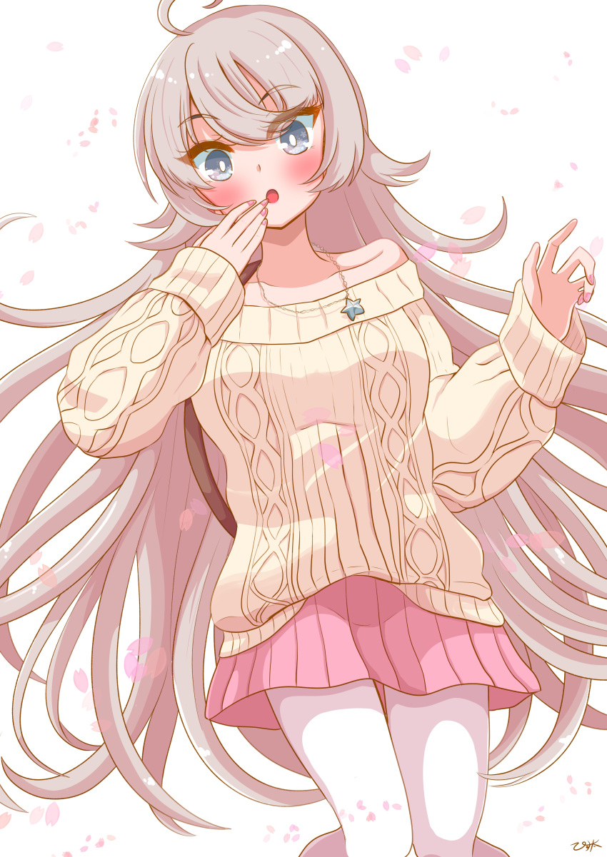 1girl :o absurdres ahoge bangs blue_eyes blush breasts grey_hair highres jewelry kantai_collection long_hair long_sleeves medium_breasts necklace official_alternate_costume one-hour_drawing_challenge open_mouth pantyhose petals pink_skirt pista_land pleated_skirt signature simple_background skirt solo star_(symbol) star_necklace sweater very_long_hair washington_(kancolle) white_background white_legwear