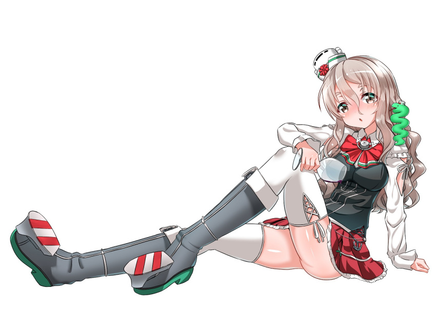 1girl boots bow bowtie breasts brown_eyes cup drinking_glass grey_hair hat holding holding_cup kantai_collection long_sleeves medium_breasts mini_hat miniskirt pola_(kancolle) second-party_source shirt sitting skirt solo thigh-highs tilted_headwear wavy_hair white_legwear white_shirt wine_glass yokoshima_(euphoria)