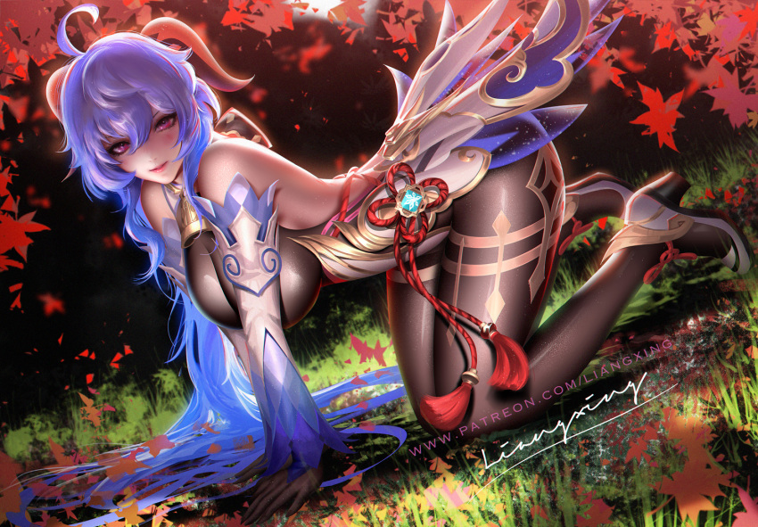 1girl all_fours arched_back back_cutout bangs bare_shoulders blue_hair blush bodystocking bodysuit breasts clothing_cutout duplicate ganyu_(genshin_impact) genshin_impact hanging_breasts high_heels horns kneeling large_breasts liang_xing lips looking_at_viewer outdoors pixel-perfect_duplicate seductive_smile shiny shiny_clothes skin_tight smile solo