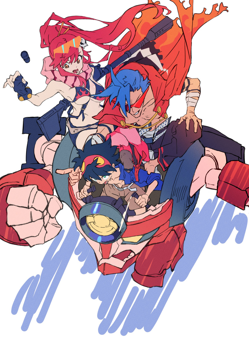 1girl 2boys absurdres bandaged_arm bandages bare_pectorals bikini bikini_top black_shorts blue_eyes blue_hair bouncing_breasts breasts cape clenched_hand fingerless_gloves flame_print gloves goggles goggles_on_head gun hair_ornament highres holding holding_gun holding_weapon kamina_(ttgl) kamina_shades lagann mecha medium_breasts multiple_boys open_cockpit open_hand pectorals ponytail red_cape red_eyes redhead rifle running scarf science shorts simon_(ttgl) skull_hair_ornament sniper_rifle swimsuit tengen_toppa_gurren_lagann weapon yellow_scarf yoko_littner you_(nanban319)