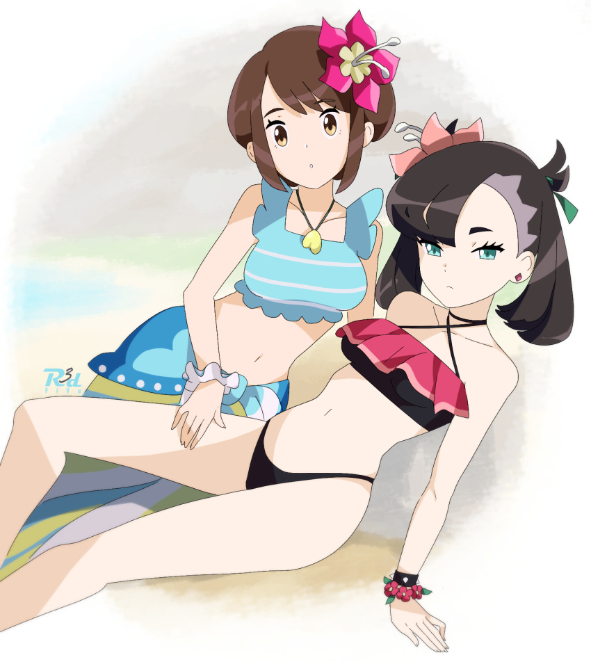 2girls bikini black_hair bracelet brown_hair gloria_(pokemon) hand_on_another's_thigh highres jewelry looking_at_viewer marnie_(pokemon) multiple_girls navel necklace official_alternate_costume pokemon pokemon_(game) pokemon_masters_ex pokemon_swsh r3dfive sarong short_hair sitting stomach swimsuit twintails