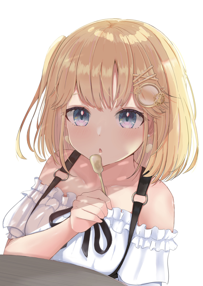 1girl absurdres bare_shoulders blonde_hair blouse blue_eyes blush collarbone commentary frilled_blouse hair_ornament hairclip highres hololive hololive_english monocle_hair_ornament nyaru_(pixiv43108714) off_shoulder one_side_up parted_lips short_hair simple_background solo suspenders upper_body virtual_youtuber watson_amelia white_background white_blouse