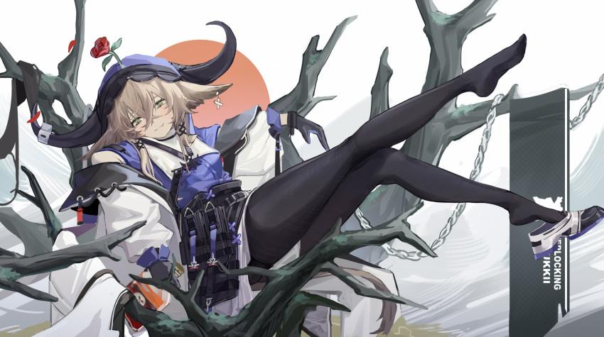 1girl absurdres alcohol animal_ears arknights bangs black_legwear bottle coat cow_ears cow_horns flower full_body green_eyes hair_between_eyes hair_flower hair_ornament highres holding holding_bottle horns in_tree pallas_(arknights) pantyhose red_circle shoe_dangle short_hair sitting sitting_in_tree skirt smile solo tree white_background white_coat white_footwear white_skirt xiu_kukkii