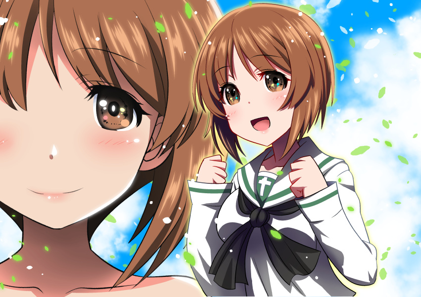 1girl absurdres ai_wa_muteki bangs bare_shoulders black_neckwear blouse blue_sky brown_eyes brown_hair clenched_hands closed_mouth clouds cloudy_sky eyebrows_visible_through_hair girls_und_panzer highres leaf long_sleeves looking_at_viewer multiple_views neckerchief nishizumi_miho ooarai_school_uniform open_mouth sailor_collar school_uniform serafuku short_hair sky smile white_blouse white_sailor_collar