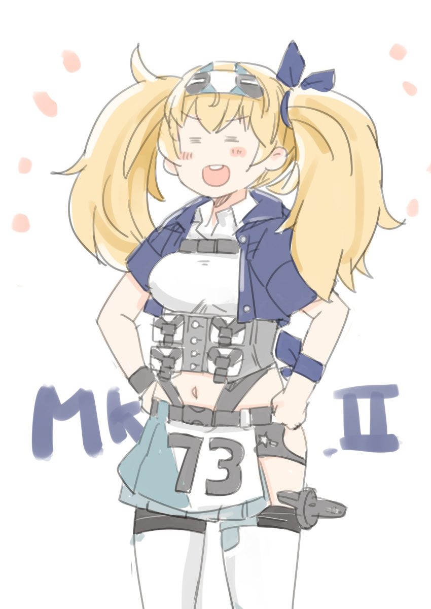 1girl =_= absurdres blonde_hair blue_jacket breasts closed_eyes commentary_request cowboy_shot cropped_jacket enjaku_izuku gambier_bay_(kancolle) hairband highres jacket kantai_collection large_breasts midriff number open_mouth pleated_skirt remodel_(kantai_collection) round_teeth skirt smile solo teeth thigh-highs twintails upper_teeth white_background white_legwear