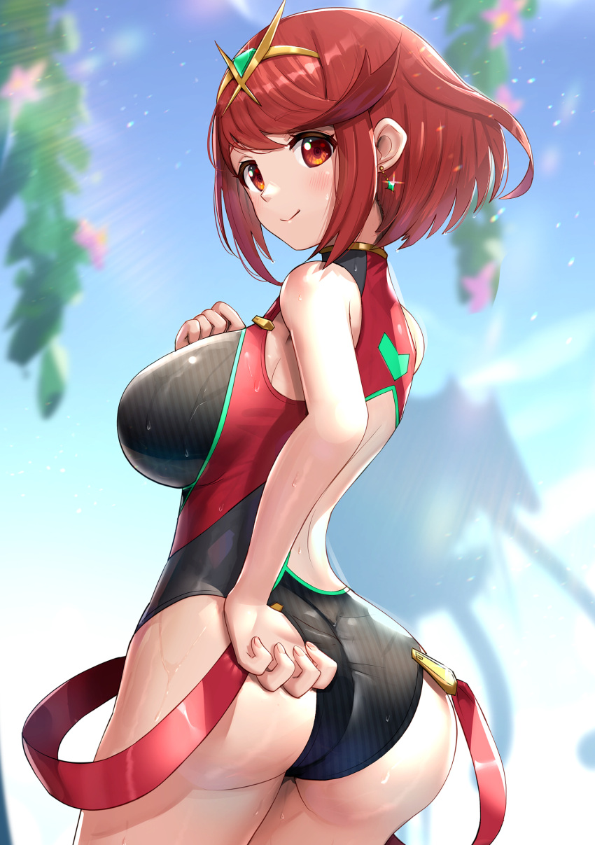 1girl absurdres bangs black_swimsuit breasts competition_swimsuit covered_collarbone gonzarez headpiece highres large_breasts one-piece_swimsuit pyra_(pro_swimmer)_(xenoblade) pyra_(xenoblade) red_eyes red_swimsuit redhead short_hair solo swept_bangs swimsuit tiara two-tone_swimsuit xenoblade_chronicles_(series) xenoblade_chronicles_2