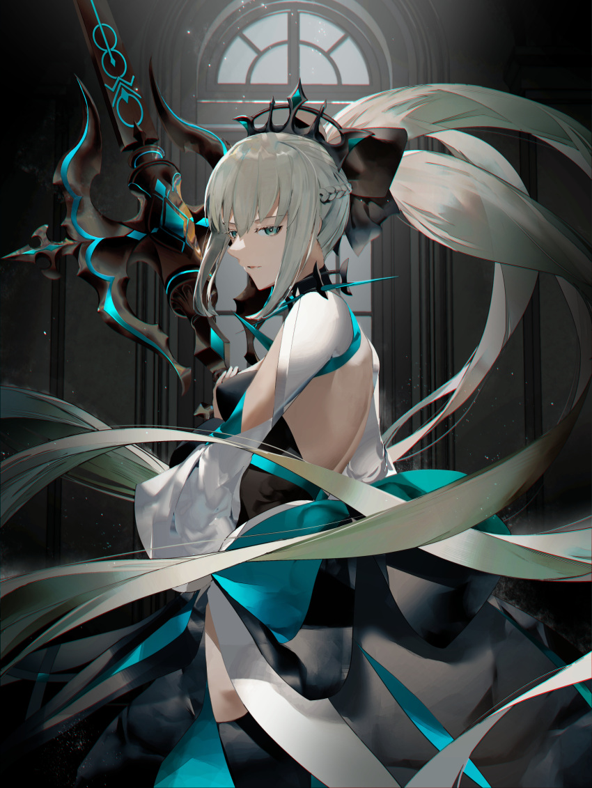 1girl bangs black_bow black_dress blue_eyes bow braid breasts dress fate/grand_order fate_(series) french_braid grey_hair hair_bow highres large_breasts long_hair long_sleeves looking_at_viewer morgan_le_fay_(fate) polearm ponytail sidelocks solo spear thighs tsujieiri two-tone_dress very_long_hair weapon white_dress wide_sleeves