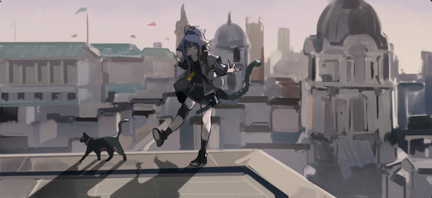 1girl animal animal_ears arknights black_cat black_footwear black_jacket black_legwear black_shirt black_skirt blue_hair building cat cat_ears cat_girl cat_tail chinese_commentary closed_eyes jacket jessica_(arknights) long_hair multicolored_hair open_clothes open_jacket open_mouth outstretched_arms pink_hair ponytail rooftop shinnasuka025 shirt skirt socks solo spread_arms standing standing_on_one_leg streaked_hair tail