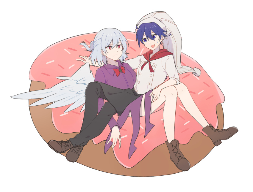 2girls :d adapted_costume angel_wings bangs bean_bag_chair blue_eyes blue_hair boots bow bowtie breasts bright_pupils brooch commentary_request doremy_sweet doughnut dress feathered_wings food full_body hair_between_eyes hat highres idaku jewelry kishin_sagume long_sleeves looking_at_another looking_at_viewer medium_breasts multiple_girls nightcap open_mouth purple_dress red_bow red_eyes red_neckwear short_hair silver_hair simple_background single_wing sitting sitting_on_person sleeves_past_wrists sleeves_rolled_up small_breasts smile touhou white_background white_headwear wings