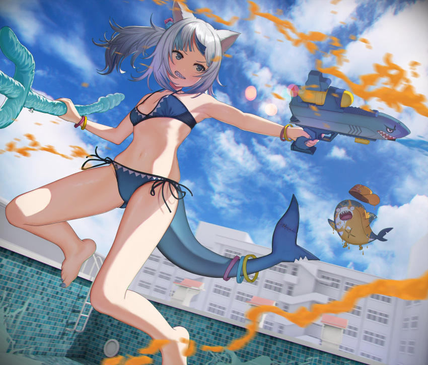 1girl animal_ears armpits bangs bare_arms bare_legs bare_shoulders barefoot bikini bloop_(gawr_gura) blue_bikini blue_eyes blue_hair blunt_bangs bracelet breasts cat_ears clouds cloudy_sky dice_hair_ornament fish_tail full_body gawr_gura grin hair_ornament highres holding hololive hololive_english jewelry jumping md5_mismatch medium_hair multicolored_hair nail_polish outdoors paint_splatter polearm ponytail pool resolution_mismatch shark_girl shark_print shark_tail sharp_teeth side-tie_bikini silver_hair sky small_breasts smile solo source_larger source_request stomach streaked_hair swimsuit tail teeth toenail_polish trident virtual_youtuber water_gun weapon