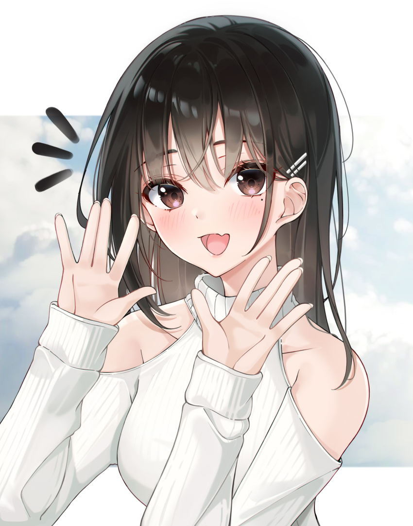 1girl absurdres black_hair blush breasts brown_eyes eyebrows_visible_through_hair fang hands_up highres jewelry lebring long_hair long_sleeves looking_at_viewer medium_breasts mole mole_under_eye necklace open_mouth original skin_fang smile solo sweater turtleneck turtleneck_sweater waving white_sweater