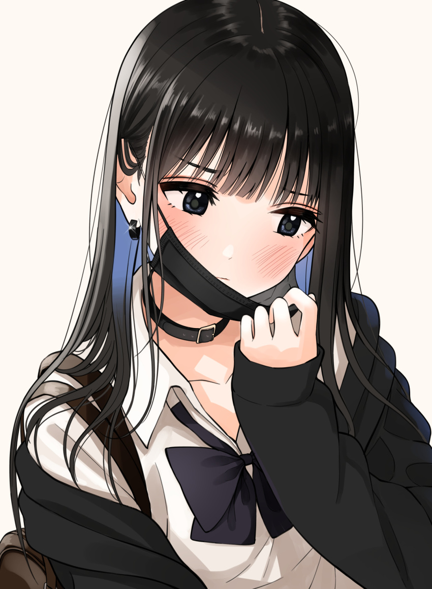 1girl bag bangs black_bow black_collar black_eyes black_hair black_jacket blue_hair blush bow closed_mouth collar collarbone collared_shirt commentary_request earrings eyebrows_visible_through_hair glint gradient_hair grey_background highres hood hood_down hooded_jacket jacket jewelry kentaurosu long_hair long_sleeves looking_away mask mask_pull mouth_mask multicolored_hair off_shoulder open_clothes open_jacket original pulled_by_self school_uniform shirt simple_background sleeves_past_wrists solo two-tone_hair upper_body white_shirt
