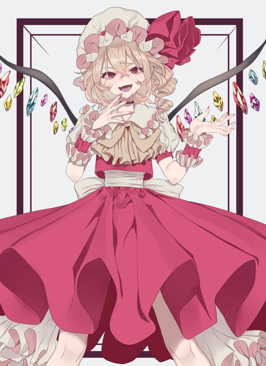 1girl absurdres back_bow black_choker blonde_hair bow choker commentary_request cravat crystal fangs fingernails flandre_scarlet grey_background hair_between_eyes hands_up hat hat_ribbon highres long_hair looking_at_viewer mob_cap one_side_up open_mouth puffy_short_sleeves puffy_sleeves red_eyes red_skirt red_vest ribbon sharp_fingernails short_sleeves skirt smile solo touhou vest white_headwear wings wrist_cuffs yellow_neckwear zabu_rou
