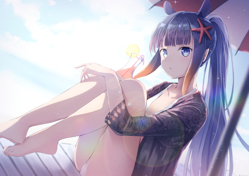 1girl :o absurdres alternate_hairstyle animal_ears bangs barefoot beach_umbrella black_hair blue_eyes blunt_bangs collarbone commentary daidai_(daidai826) english_commentary flat_chest full_body gradient_hair highres hololive hololive_english long_hair looking_at_viewer multicolored_hair ninomae_ina'nis orange_hair parted_lips ponytail sidelocks sitting solo starfish_hair_ornament summer swimsuit tentacle_hair umbrella very_long_hair virtual_youtuber