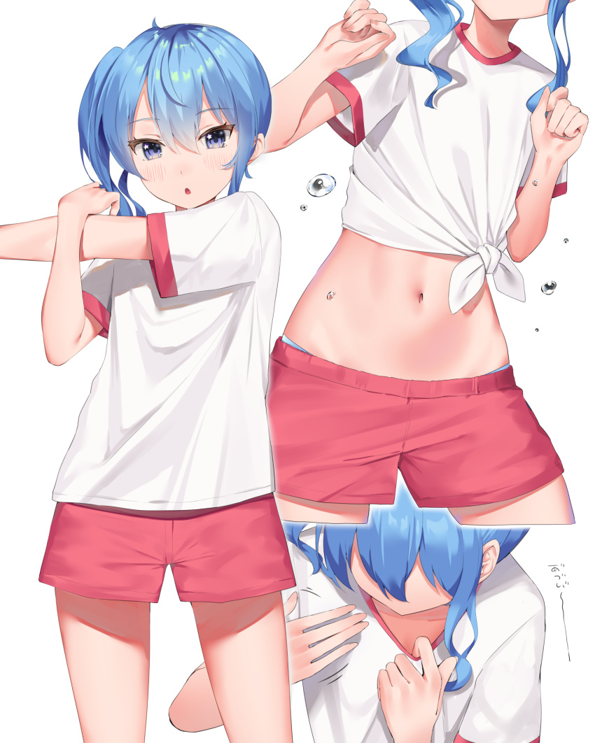 1girl blue_eyes blue_hair chestnut_mouth cross-body_stretch gym_shirt gym_shorts gym_uniform head_out_of_frame highres hololive hoshimachi_suisei k_mugura long_hair looking_at_viewer midriff multiple_views navel panties panty_peek parted_lips red_shorts shirt short_shorts short_sleeves shorts side-tie_shirt side_ponytail stomach stretch sweat tied_shirt underwear virtual_youtuber white_shirt