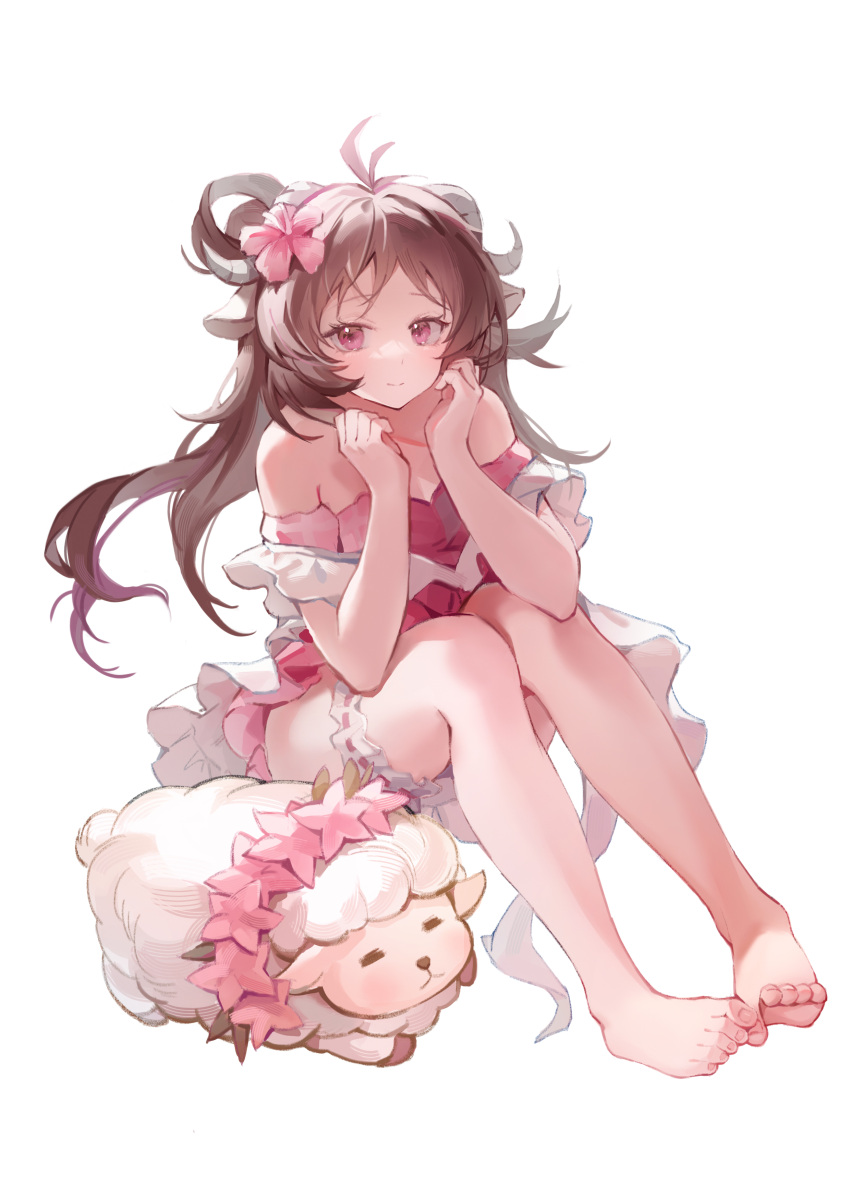 1girl absurdres ahoge animal animal_ears arknights arms_on_knees bangs bare_legs bare_shoulders barefoot bikini blush breasts brown_hair clenched_hand closed_mouth commentary eyebrows eyjafjalla_(arknights) eyjafjalla_(summer_flowers)_(arknights) flower fluff fluffy frilled_swimsuit frills full_body hair_flower hair_ornament hair_rings hands_up hibiscus highres horns ibbca legs long_hair looking_at_viewer lying medium_breasts off-shoulder_swimsuit off_shoulder official_alternate_costume on_stomach pink_bikini pink_eyes pink_flower pink_swimsuit plaid plaid_swimsuit rosary sheep sheep_ears sheep_horns sidelocks simple_background sitting smile solo swimsuit thigh_scrunchie thigh_strap toes toes_up white_background