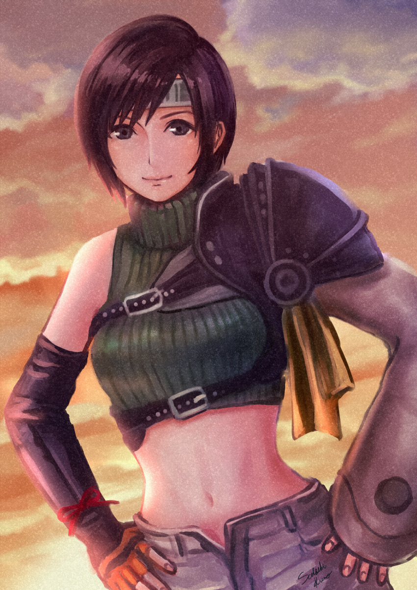1girl absurdres armor bangs bare_shoulders breasts brown_hair brown_shorts clouds cloudy_sky cropped_sweater final_fantasy final_fantasy_vii final_fantasy_vii_remake fingerless_gloves gloves green_sweater hands_on_hips headband highres huge_filesize looking_at_viewer medium_breasts navel open_fly red_ribbon ribbed_sweater ribbon short_hair shorts sky sunlight sunset sweater turtleneck turtleneck_sweater upper_body yuffie_kisaragi