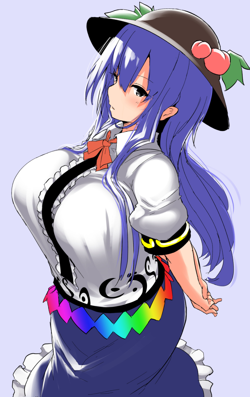 1girl akure_ekuto apron arms_behind_back black_eyes blouse blue_hair blue_skirt bow bowtie breasts brown_footwear buttons dress_shirt food frills fruit grey_background hat highres hinanawi_tenshi large_breasts leaf long_hair neck_ribbon peach puffy_short_sleeves puffy_sleeves rainbow_order red_bow ribbon shirt shoes short_sleeves simple_background skirt tight touhou white_blouse white_shirt wing_collar