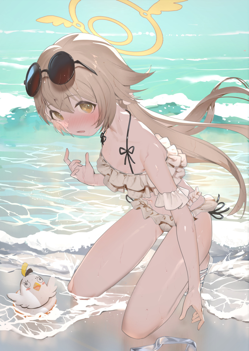 1girl animal bird blue_archive blush brown_hair eyewear_on_head halo hifumi_(blue_archive) highres kneeling long_hair looking_at_viewer nuda open_mouth reward_available sand sandals solo sunglasses swimsuit water white_footwear white_swimsuit yellow_eyes