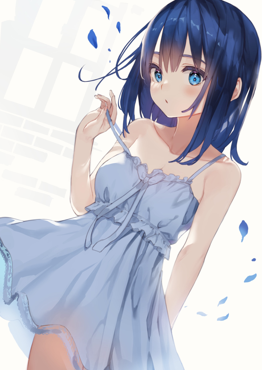 1girl absurdres bangs bare_arms bare_shoulders blue_dress blue_eyes blue_hair blush breasts brick_wall closed_mouth collarbone commentary_request dress dutch_angle eyebrows_visible_through_hair hair_between_eyes hand_up highres looking_at_viewer mashiro_kta original petals pulled_by_self sleeveless sleeveless_dress small_breasts solo strap_pull window