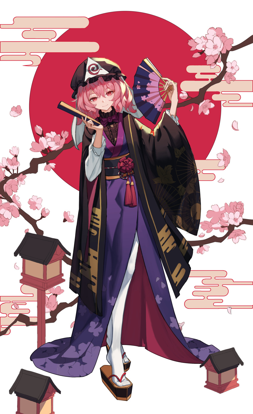 1girl absurdres black_shirt bow bowtie cherry_blossoms fan folding_fan full_body geta hands_up hat head_tilt highres holding holding_fan iranon_(new_iranon) japanese_clothes kimono lantern light_smile long_sleeves looking_at_viewer mob_cap pantyhose petals pink_hair print_kimono red_sun saigyouji_yuyuko shirt short_hair side_slit solo tabi touhou white_legwear wide_sleeves