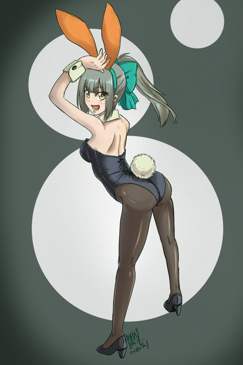 1girl animal_ears ass black_footwear black_legwear black_leotard brown_eyes bunny_tail commentary_request detached_collar fake_animal_ears from_behind full_body green_ribbon grey_background grey_hair hair_ribbon high_heels highres kantai_collection kenroba_(stark_chen) leaning_forward leotard pantyhose playboy_bunny ponytail rabbit_ears ribbon solo tail two-tone_background wrist_cuffs yuubari_(kancolle)