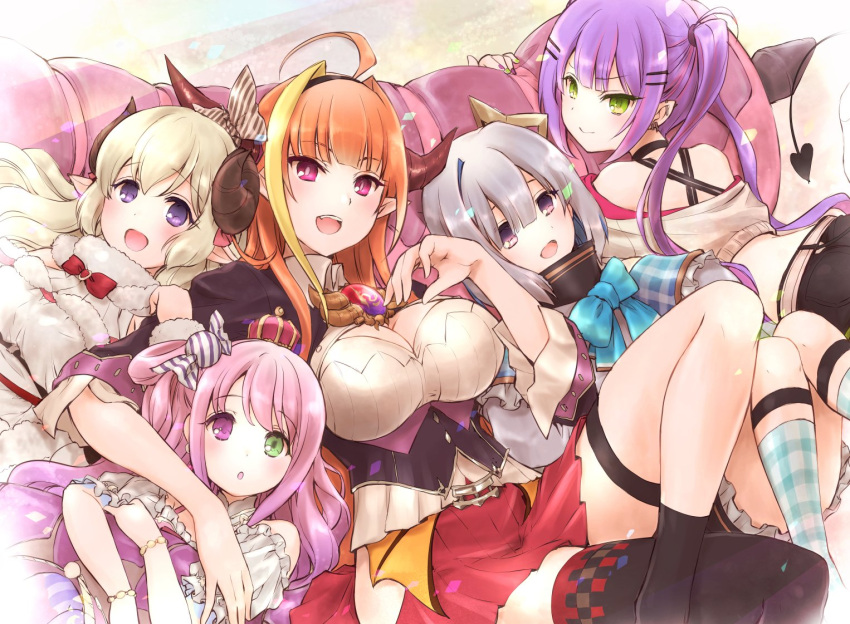 5girls ahoge amane_kanata asacoco blonde_hair bow breasts candy_hair_ornament cleavage_cutout clothing_cutout crown demon_tail dragon_horns ear_piercing food-themed_hair_ornament fujieda_miyabi hair_ornament hairband halo heterochromia himemori_luna hololive horns kiryu_coco large_breasts lying multiple_girls on_back orange_hair piercing pink_hair purple_hair sheep_horns silver_hair smile tail thigh-highs tokoyami_towa tsunomaki_watame twintails virtual_youtuber