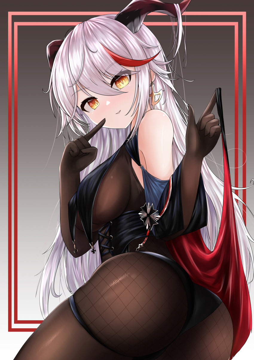 1girl absurdres aegir_(azur_lane) ass azur_lane bare_shoulders black_cape black_gloves black_panties bodystocking breast_curtains breasts cape demon_horns eyebrows_visible_through_hair finger_to_mouth gloves hair_between_eyes highres horns iron_cross large_breasts long_hair looking_at_viewer looking_back medal min1910 multicolored_hair panties red_cape redhead simple_background skindentation solo streaked_hair two-tone_cape two-tone_hair underwear white_hair yellow_eyes