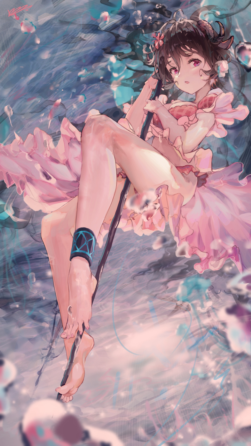 1girl :o absurdres air_bubble animal_ears antenna_hair arknights bangs bare_legs barefoot between_legs bikini breasts brown_hair bubble commentary english_commentary eyebrows_visible_through_hair eyjafjalla_(arknights) eyjafjalla_(summer_flowers)_(arknights) feet floating_hair flower freediving full_body hair_between_eyes hair_flower hair_ornament hands_up highres holding holding_staff horns jellyfish kioroshin legs long_hair looking_at_viewer medium_breasts official_alternate_costume pink_bikini pink_flower pink_nails plaid plaid_bikini revision sheep_ears sheep_horns solo staff swimsuit toenail_polish underwater violet_eyes