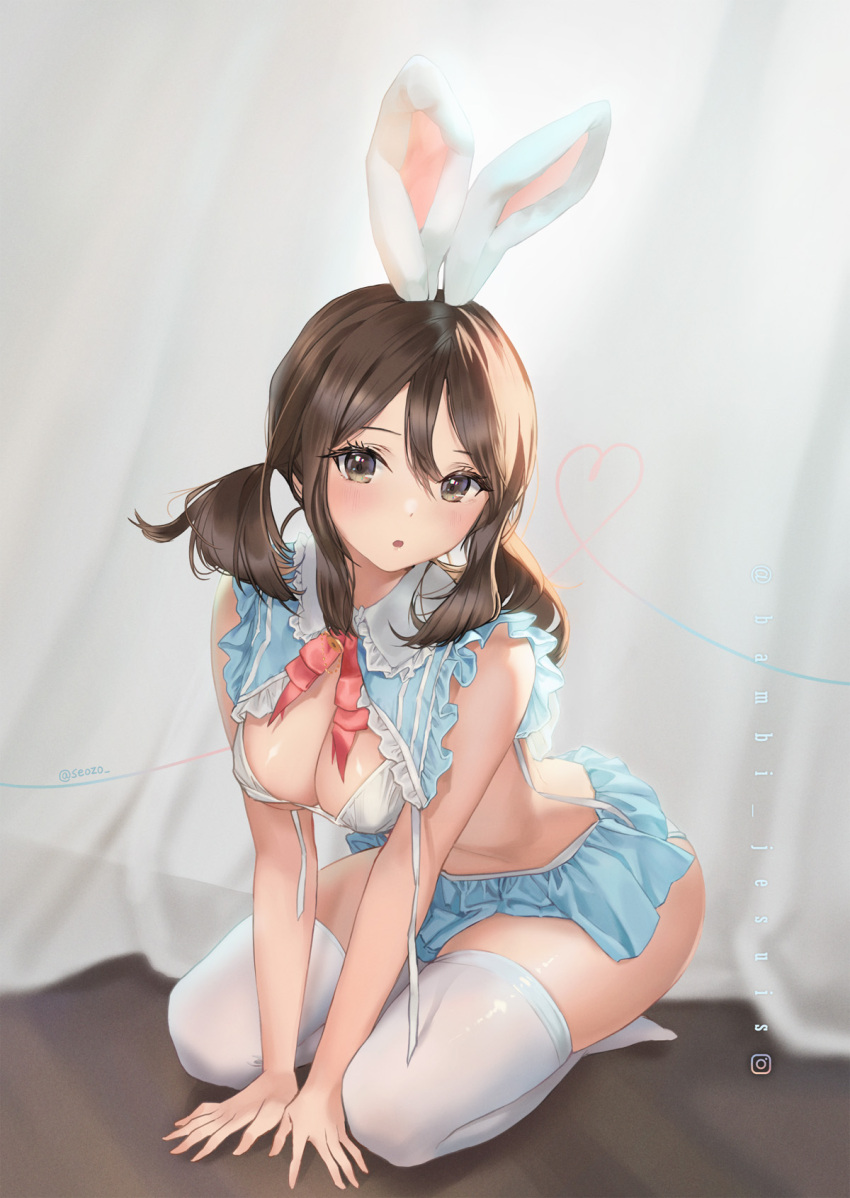 1girl :o animal_ears arm_support bangs bare_arms bare_shoulders between_legs blue_shirt blue_skirt bra breasts brown_eyes brown_hair commentary_request curtains fake_animal_ears frilled_shirt_collar frills full_body hair_between_eyes head_tilt heart highres instagram_username kneeling looking_at_viewer low_twintails medium_breasts medium_hair miniskirt no_shoes rabbit_ears real_life red_neckwear seozo shiny shiny_hair shiny_skin shirt sidelocks skirt sleeveless solo thigh-highs twintails twitter_username underwear v_arms white_bra white_legwear