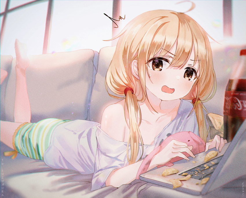 1girl ^^^ ahoge bangs barefoot blonde_hair blush brown_eyes child chips coca-cola collarbone commentary_request computer couch day english_text eyebrows_visible_through_hair food futaba_anzu green_shorts hair_between_eyes highres idolmaster idolmaster_cinderella_girls idolmaster_cinderella_girls_starlight_stage indoors laptop leg_up long_hair long_sleeves looking_at_viewer low_twintails lying off_shoulder on_couch on_stomach open_mouth seozo shiny shiny_hair shirt short_sleeves shorts sidelocks signature solo striped striped_shorts stuffed_animal stuffed_bunny stuffed_toy sunlight surprised sweatdrop twintails white_shirt window