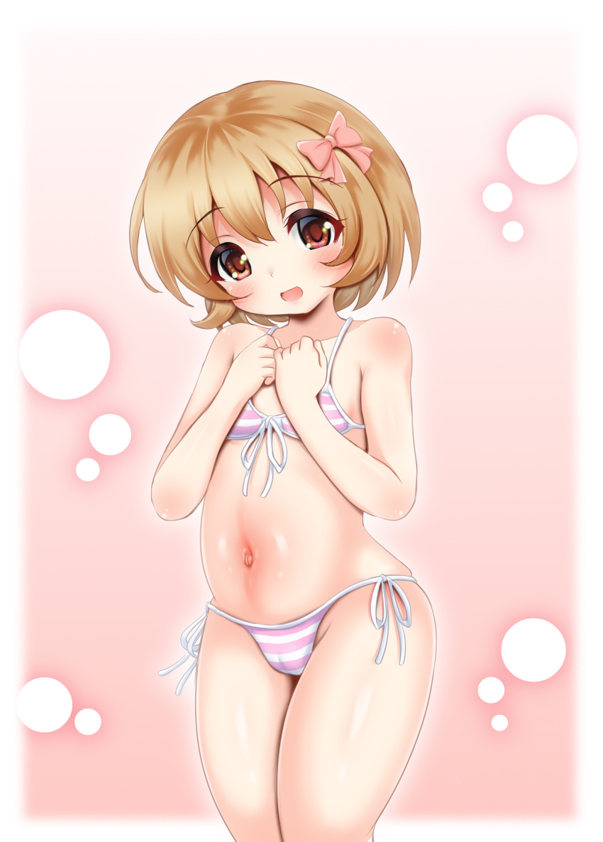 1girl bikini bow breasts brown_eyes brown_hair commentary_request cowboy_shot front-tie_top hair_bow hair_ornament hairclip highres hosizora_mikoto idolmaster idolmaster_cinderella_girls koga_koharu light_brown_hair looking_at_viewer navel pink_bikini short_hair side-tie_bikini small_breasts smile solo standing striped swimsuit