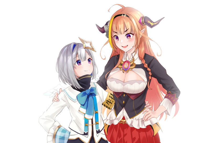 2girls amane_kanata blush dragon_horns eye_contact halo hand_on_another's_shoulder hand_on_hip highres hololive horns kiryu_coco konasu_(user_fjne8873) looking_at_another multiple_girls orange_hair silver_hair simple_background size_difference star_halo violet_eyes virtual_youtuber white_background