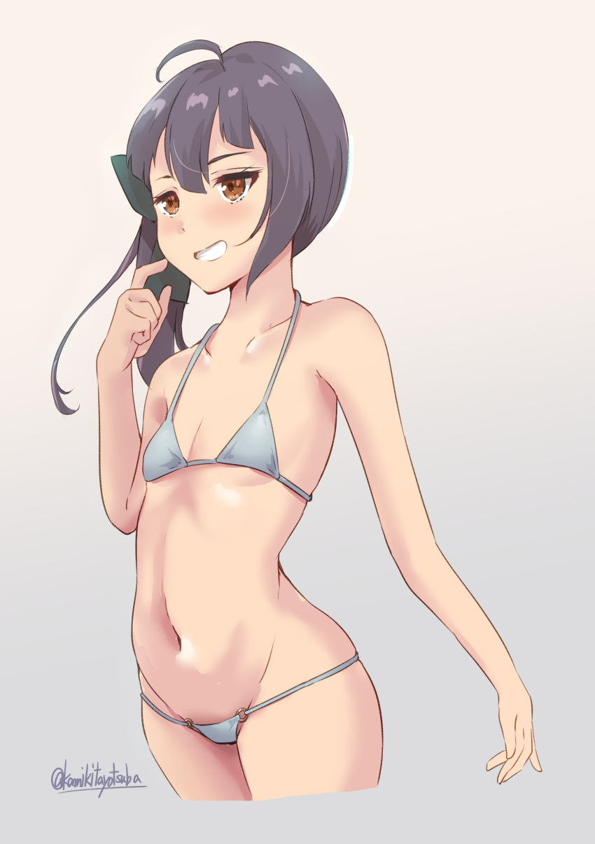 1girl absurdres ahoge asymmetrical_bangs bangs black_hair breasts brown_eyes commentary_request cowboy_shot cropped_jacket fujinami_(kancolle) gradient gradient_background grey_background grey_swimsuit grin hair_ribbon highres kamikitayotsuba kantai_collection long_hair one-hour_drawing_challenge ribbon side_ponytail small_breasts smile solo swimsuit twitter_username