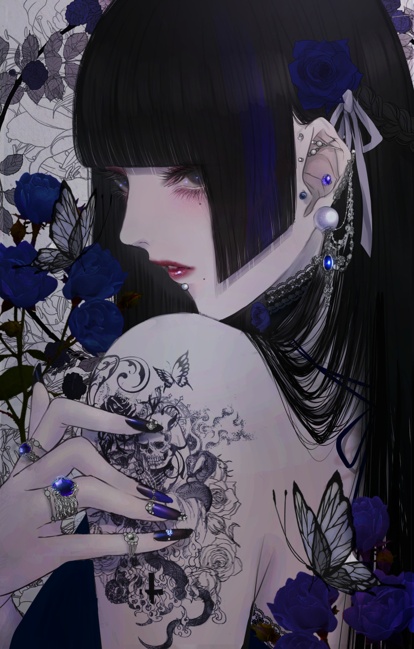 1girl absurdres black_eyes black_hair blue_flower bug butterfly flower highres hime_cut huge_filesize insect jewelry lips nail_polish original piercing satsuki_kei tattoo