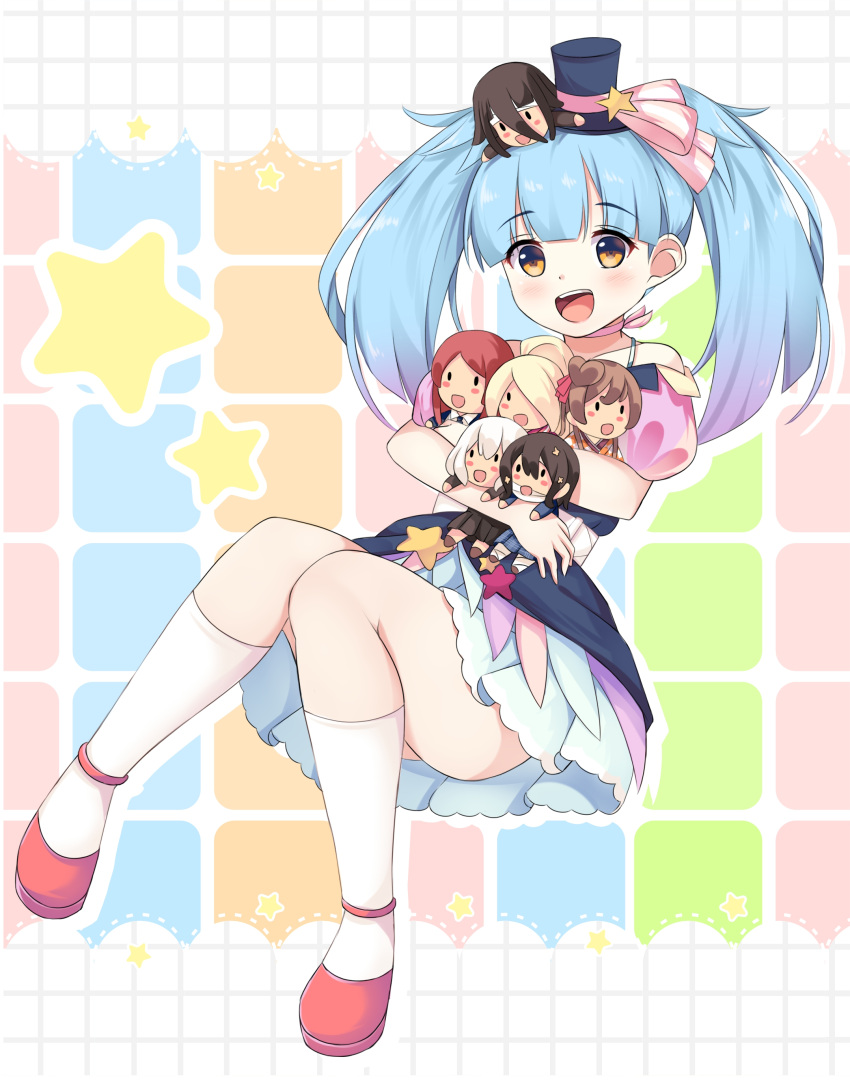 6+girls abstract_background absurdres blue_dress blue_hair bow doll doll_on_head dress hat highres hoshikawa_lily konno_junko minamoto_sakura mizuno_ai multiple_girls nabunabu nikaidou_saki object_hug open_mouth pink_bow pink_footwear sitting skirt smile star_(symbol) top_hat white_legwear white_skirt yamada_tae yellow_eyes yuugiri_(zombie_land_saga) zombie_land_saga