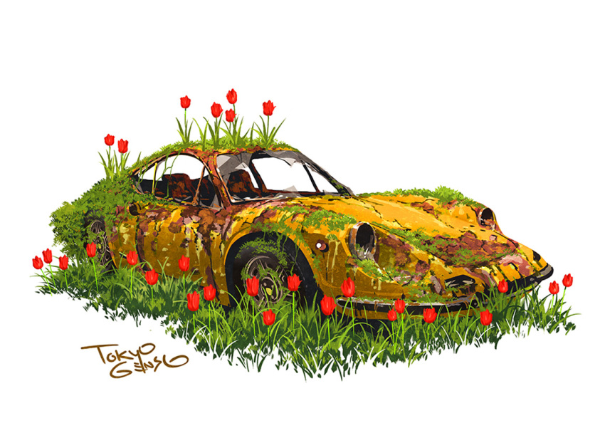 abandoned broken_window car commentary_request ferrari_dino flower grass ground_vehicle motor_vehicle no_humans original red_flower rust signature simple_background tire tokyogenso tulip white_background