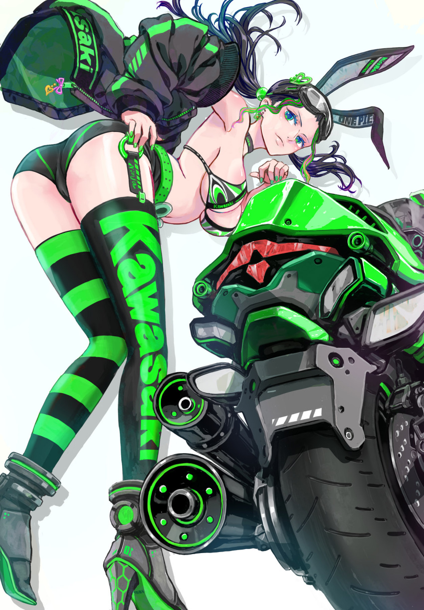 1girl alternate_eye_color alternate_hairstyle animal_ears bike_shorts biker_clothes bikini bikini_top black_choker black_hair blue_eyes boots character_name choker commentary copyright_name earrings english_text esojima_gary eyelashes goggles goggles_on_head ground_vehicle hair_ornament happy high_heel_boots high_heels highres jacket jewelry kawasaki long_hair motor_vehicle motorcycle nico_robin one_piece rabbit_ears shorts simple_background smile solo standing swimsuit thigh-highs thighs twintails white_background